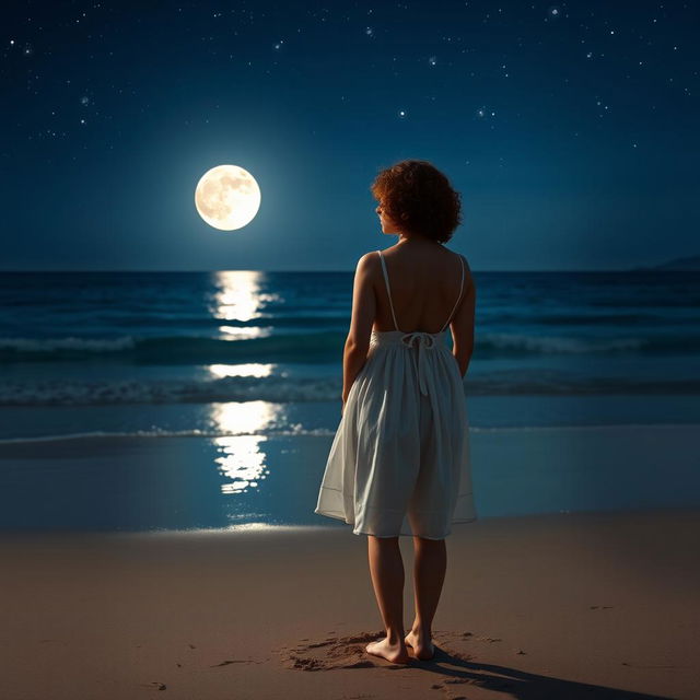 A woman seen from the back, with a normal body type, short curly red hair, wearing a white dress, standing on the beach with her feet on the wet sand, gazing at the ocean at night