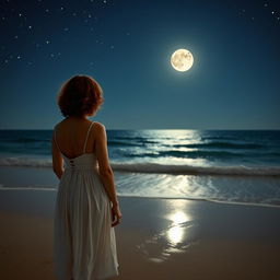 A woman seen from the back, with a normal body type, short curly red hair, wearing a white dress, standing on the beach with her feet on the wet sand, gazing at the ocean at night