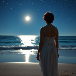 A woman seen from the back, with a normal body type, short curly red hair, wearing a white dress, standing on the beach with her feet on the wet sand, gazing at the ocean at night