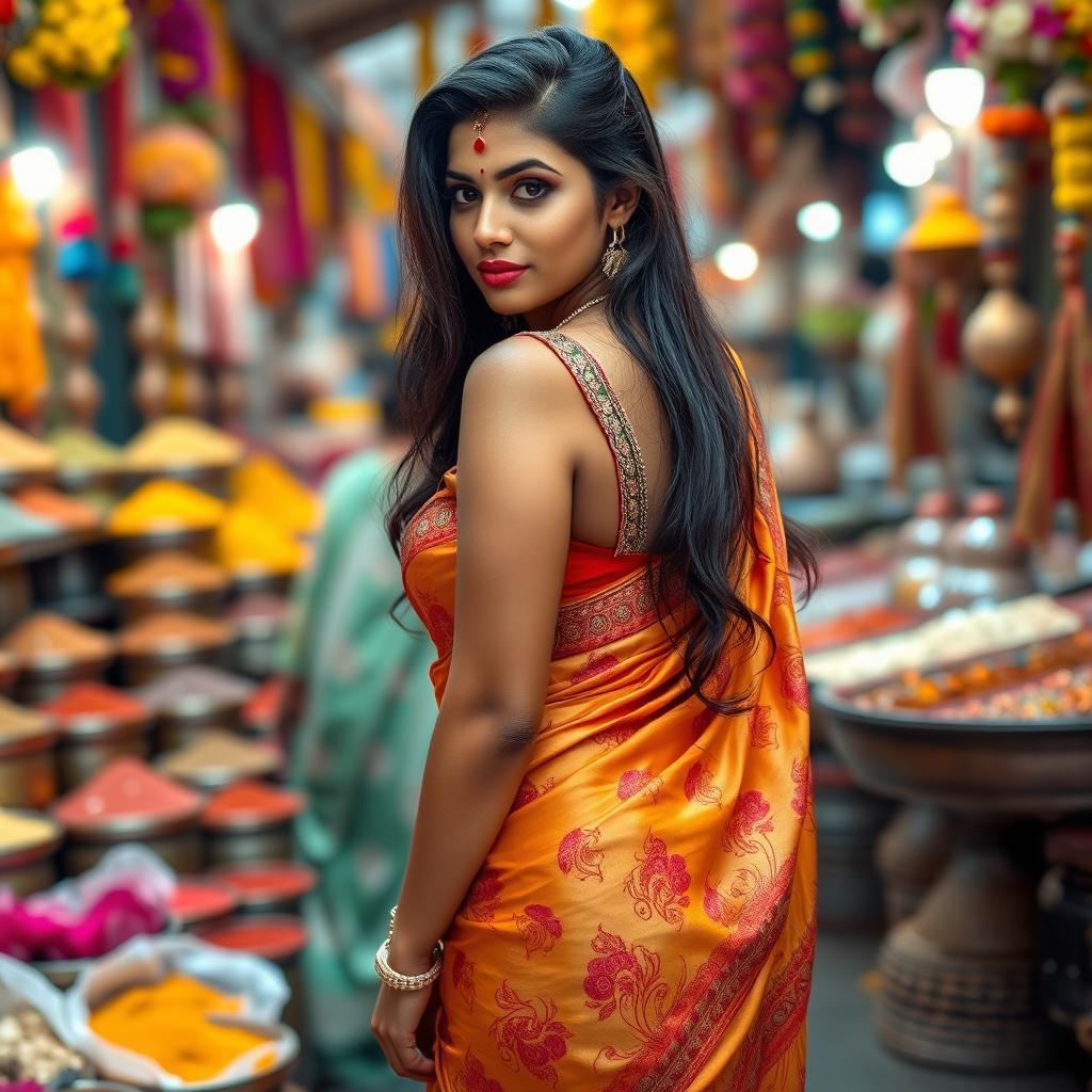 A stunning Indian woman with an alluring curvy figure, dressed in a beautifully embroidered traditional saree that accentuates her curves, standing gracefully in a vibrant setting filled with colorful flowers