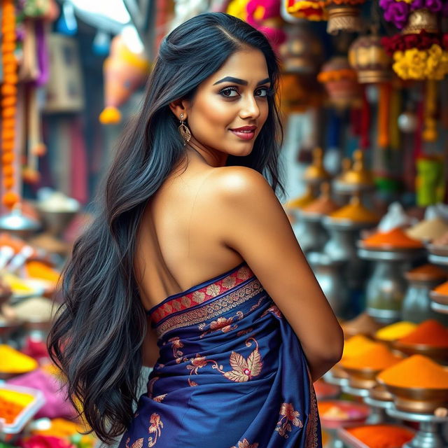 A stunning Indian woman with an alluring curvy figure, dressed in a beautifully embroidered traditional saree that accentuates her curves, standing gracefully in a vibrant setting filled with colorful flowers