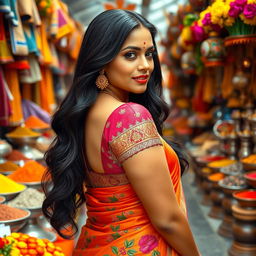 A stunning Indian woman with an alluring curvy figure, dressed in a beautifully embroidered traditional saree that accentuates her curves, standing gracefully in a vibrant setting filled with colorful flowers