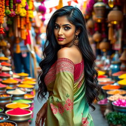A stunning Indian woman with an alluring curvy figure, dressed in a beautifully embroidered traditional saree that accentuates her curves, standing gracefully in a vibrant setting filled with colorful flowers