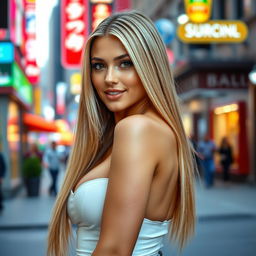 A gorgeous 25-year-old American woman dressed in sexy clothing that highlights her neckline and voluptuous figure, facing forward with an enticing expression