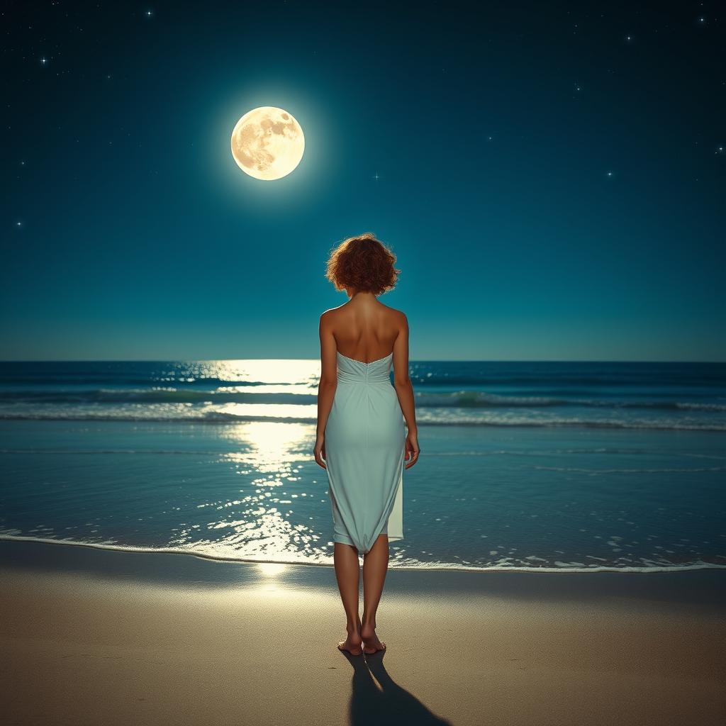 A slim woman with short, curly red hair, wearing a white dress, standing on the beach at night