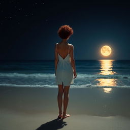 A slim woman with short, curly red hair, wearing a white dress, standing on the beach at night