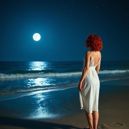 A slim woman with short, curly red hair, wearing a white dress, standing on the beach at night