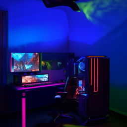 An aesthetically pleasing gamer's bedroom featuring a high-end gaming PC setup on a study table, a single bed, and mood-enhancing RGB lighting embedded in a fall ceiling.