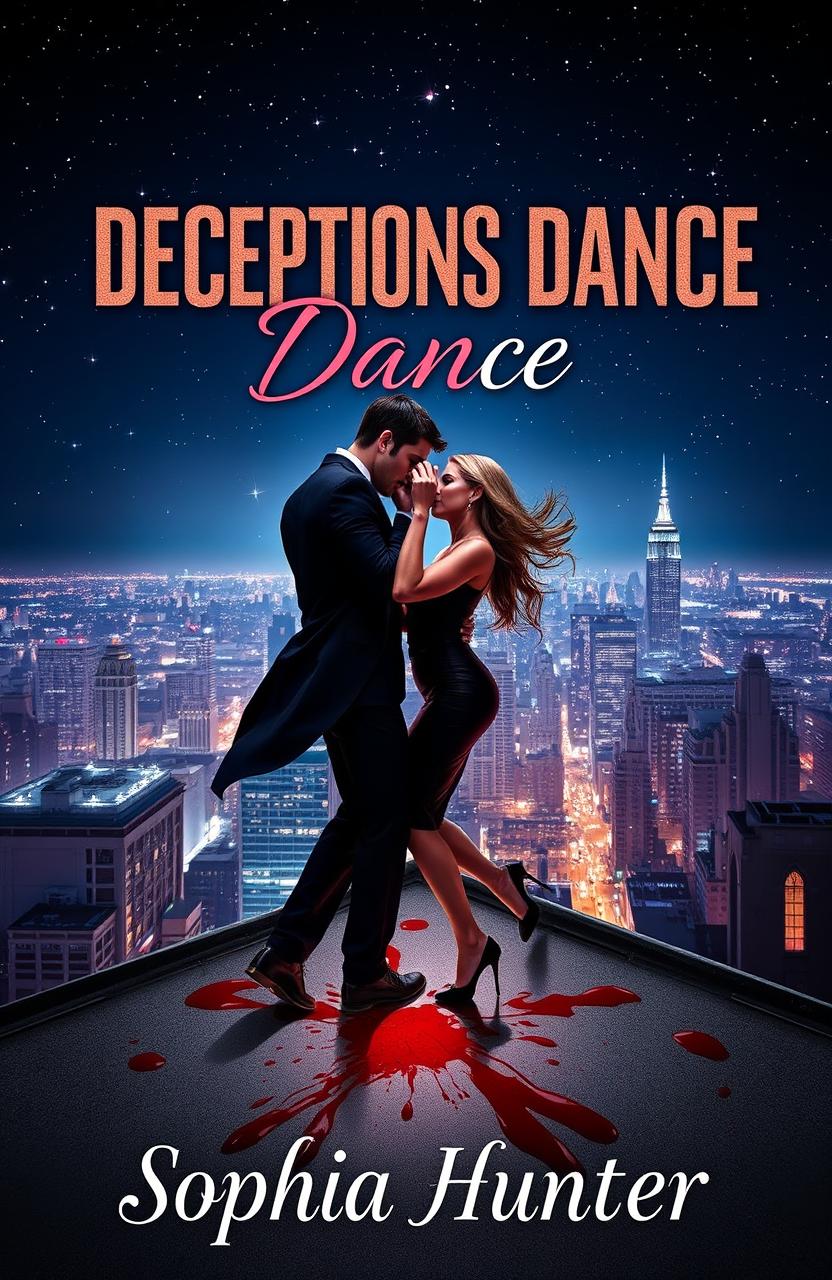 A visually captivating book cover for "Deceptions Dance" by Sophia Hunter, featuring two criminals engaged in a dramatic dance atop a rooftop in a bustling city at night