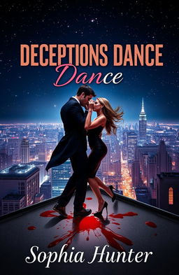 A visually captivating book cover for "Deceptions Dance" by Sophia Hunter, featuring two criminals engaged in a dramatic dance atop a rooftop in a bustling city at night