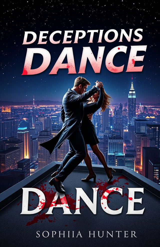 A visually captivating book cover for "Deceptions Dance" by Sophia Hunter, featuring two criminals engaged in a dramatic dance atop a rooftop in a bustling city at night