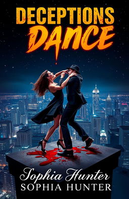 A visually captivating book cover for "Deceptions Dance" by Sophia Hunter, featuring two criminals engaged in a dramatic dance atop a rooftop in a bustling city at night