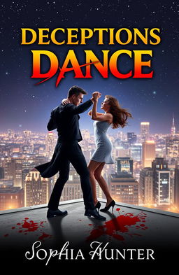 A visually captivating book cover for "Deceptions Dance" by Sophia Hunter, featuring two criminals engaged in a dramatic dance atop a rooftop in a bustling city at night