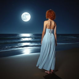A slender, short curly-haired redhead woman dressed in a flowing white dress stands on a beach at night