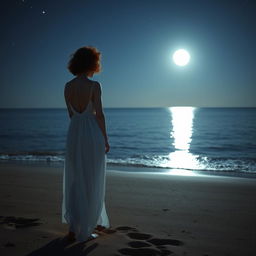 A slender, short curly-haired redhead woman dressed in a flowing white dress stands on a beach at night