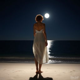 A slender, short curly-haired redhead woman dressed in a flowing white dress stands on a beach at night