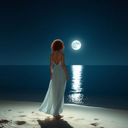 A slender, short curly-haired redhead woman dressed in a flowing white dress stands on a beach at night