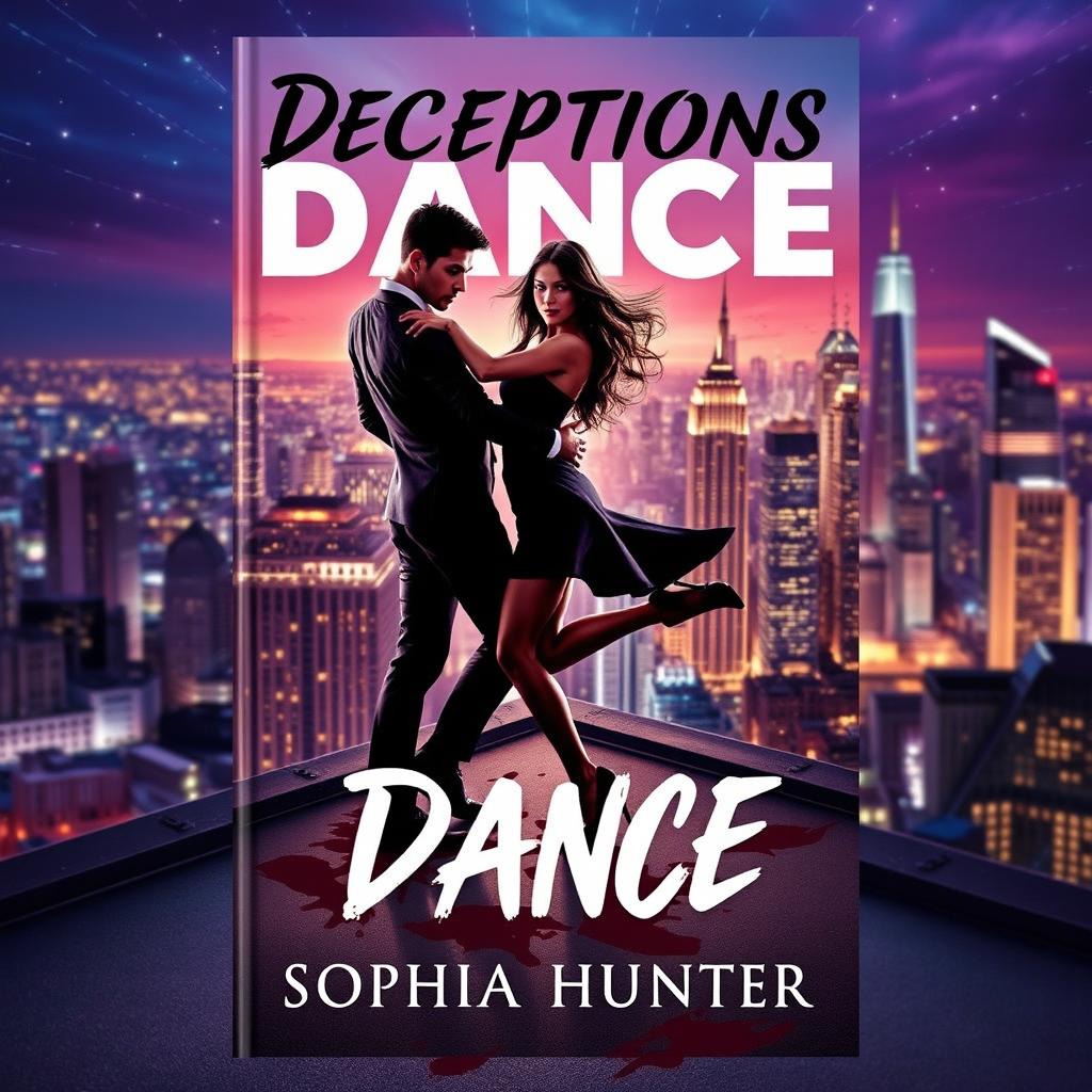 A visually striking book cover for "Deceptions Dance" by Sophia Hunter, showcasing two criminals in a captivating dance pose atop a rooftop in a bustling city at nighttime