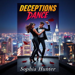 A visually striking book cover for "Deceptions Dance" by Sophia Hunter, showcasing two criminals in a captivating dance pose atop a rooftop in a bustling city at nighttime