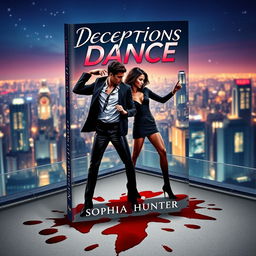 A visually striking book cover for "Deceptions Dance" by Sophia Hunter, showcasing two criminals in a captivating dance pose atop a rooftop in a bustling city at nighttime