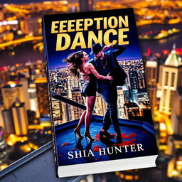 A visually striking book cover for "Deceptions Dance" by Sophia Hunter, showcasing two criminals in a captivating dance pose atop a rooftop in a bustling city at nighttime