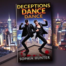 A striking book cover for "Deceptions Dance" by Sophia Hunter, depicting two male criminals in a powerful, dynamic dance pose atop a rooftop in a vibrant city at nighttime
