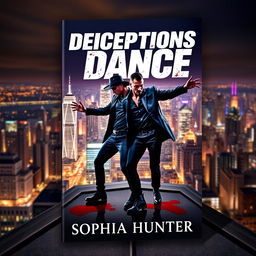 A striking book cover for "Deceptions Dance" by Sophia Hunter, depicting two male criminals in a powerful, dynamic dance pose atop a rooftop in a vibrant city at nighttime