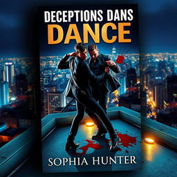 A striking book cover for "Deceptions Dance" by Sophia Hunter, depicting two male criminals in a powerful, dynamic dance pose atop a rooftop in a vibrant city at nighttime