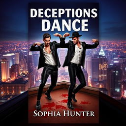 A striking book cover for "Deceptions Dance" by Sophia Hunter, depicting two male criminals in a powerful, dynamic dance pose atop a rooftop in a vibrant city at nighttime