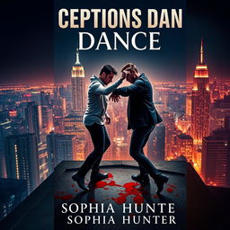 A striking book cover for "Deceptions Dance" by Sophia Hunter, showcasing two male criminals engaged in a dynamic dance atop a rooftop in a bustling city at nighttime