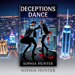 A striking book cover for "Deceptions Dance" by Sophia Hunter, showcasing two male criminals engaged in a dynamic dance atop a rooftop in a bustling city at nighttime