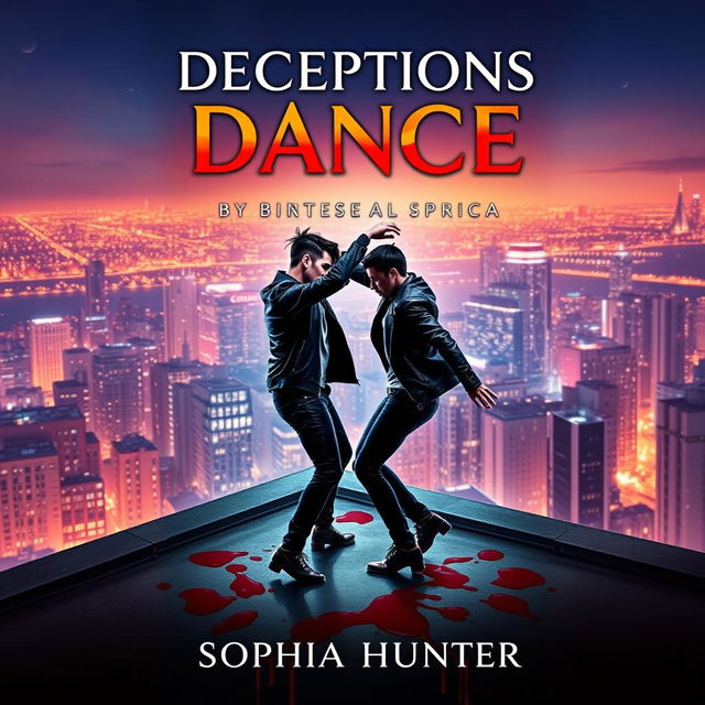 A striking book cover for "Deceptions Dance" by Sophia Hunter, showcasing two male criminals engaged in a dynamic dance atop a rooftop in a bustling city at nighttime