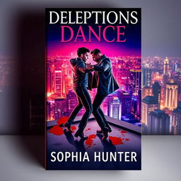 A striking book cover for "Deceptions Dance" by Sophia Hunter, showcasing two male criminals engaged in a dynamic dance atop a rooftop in a bustling city at nighttime