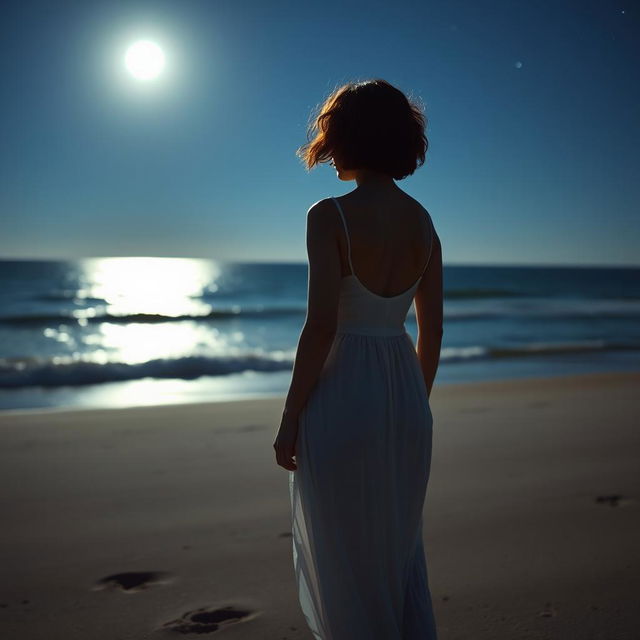 A slender, short-haired curly redhead woman seen from a distance, wearing a flowing white dress, standing on the beach with her bare feet in the sand