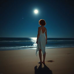 A slender, short-haired curly redhead woman seen from a distance, wearing a flowing white dress, standing on the beach with her bare feet in the sand