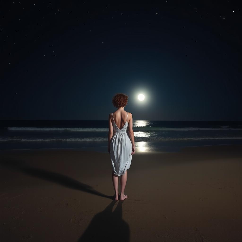 A slender, short-haired curly redhead woman seen from a distance, wearing a flowing white dress, standing on the beach with her bare feet in the sand