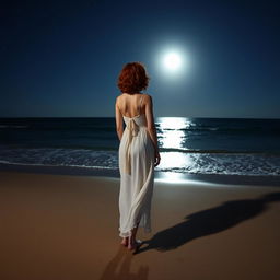 A slender, short-haired curly redhead woman seen from a distance, wearing a flowing white dress, standing on the beach with her bare feet in the sand