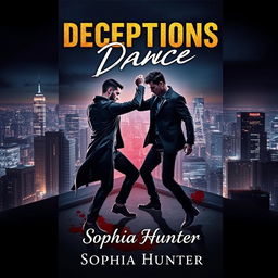 A captivating book cover for "Deceptions Dance" by Sophia Hunter, featuring two male criminals engaged in a bold dance atop a rooftop in a bustling city at nighttime