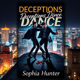 A captivating book cover for "Deceptions Dance" by Sophia Hunter, featuring two male criminals engaged in a bold dance atop a rooftop in a bustling city at nighttime