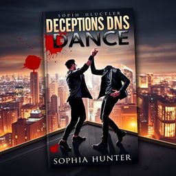 A captivating book cover for "Deceptions Dance" by Sophia Hunter, featuring two male criminals engaged in a bold dance atop a rooftop in a bustling city at nighttime