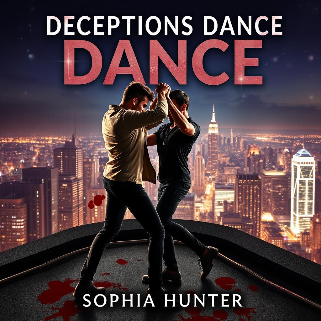 A captivating book cover for "Deceptions Dance" by Sophia Hunter, featuring two male criminals engaged in a bold dance atop a rooftop in a bustling city at nighttime