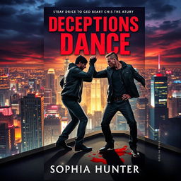 A dramatic book cover design for "Deceptions Dance" by Sophia Hunter, illustrating two male criminals engaged in a fierce dance atop a rooftop in a lively city at night