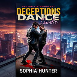 A dramatic book cover design for "Deceptions Dance" by Sophia Hunter, illustrating two male criminals engaged in a fierce dance atop a rooftop in a lively city at night