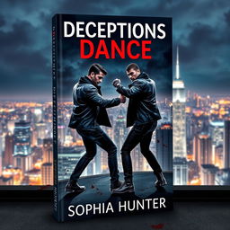 A dramatic book cover design for "Deceptions Dance" by Sophia Hunter, illustrating two male criminals engaged in a fierce dance atop a rooftop in a lively city at night