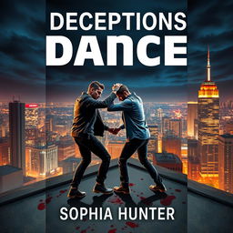 A dramatic book cover design for "Deceptions Dance" by Sophia Hunter, illustrating two male criminals engaged in a fierce dance atop a rooftop in a lively city at night