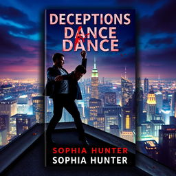 A visually dramatic book cover for "Deceptions Dance" by Sophia Hunter, displaying two male criminals passionately dancing atop a rooftop in a lively city at nighttime