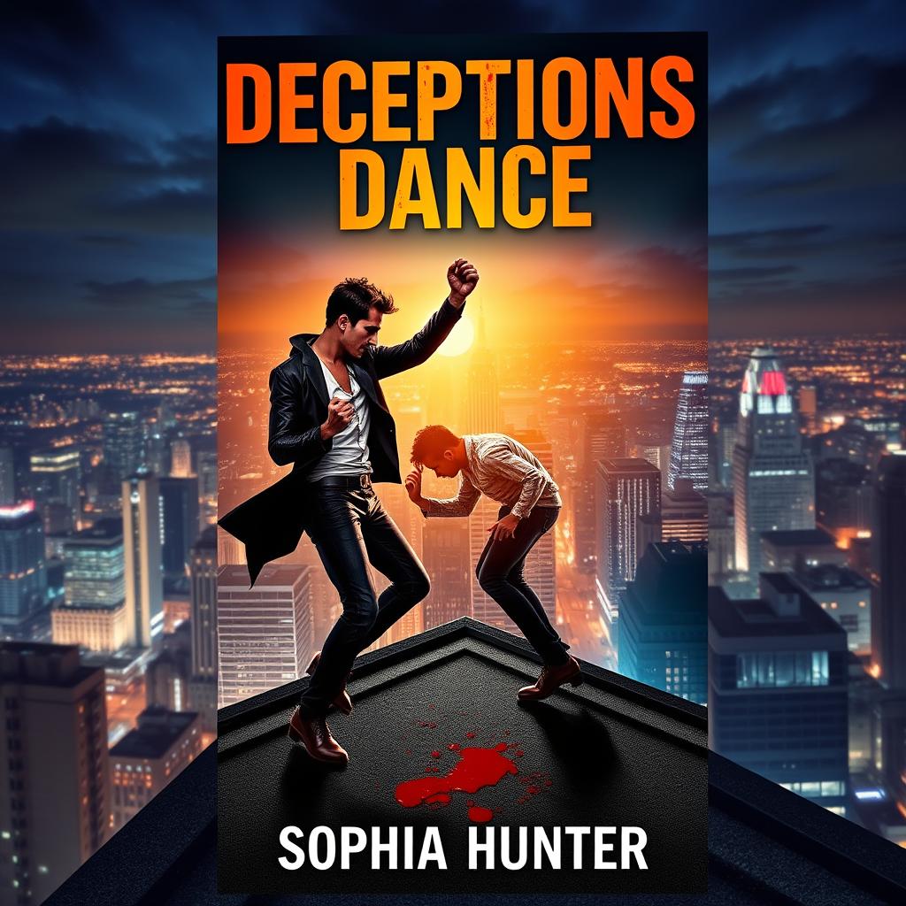 A visually dramatic book cover for "Deceptions Dance" by Sophia Hunter, displaying two male criminals passionately dancing atop a rooftop in a lively city at nighttime