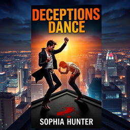 A visually dramatic book cover for "Deceptions Dance" by Sophia Hunter, displaying two male criminals passionately dancing atop a rooftop in a lively city at nighttime