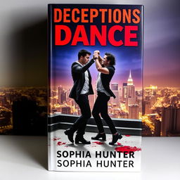 A visually dramatic book cover for "Deceptions Dance" by Sophia Hunter, displaying two male criminals passionately dancing atop a rooftop in a lively city at nighttime