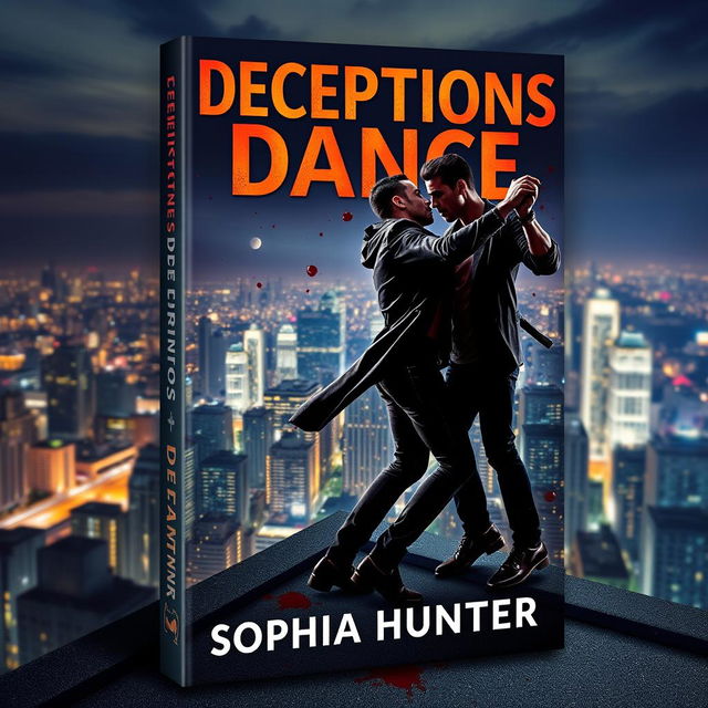 A visually dramatic book cover for "Deceptions Dance" by Sophia Hunter, displaying two male criminals passionately dancing atop a rooftop in a lively city at nighttime